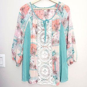 Style & Co Summer Casual Lace Sheer Boho 3/4 Sleeve Green Orange White S Blouse